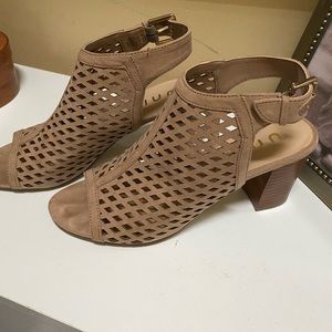 Italian tan suede Open heel open toe diamond pattern booties by Unisa. 6 1/2 M